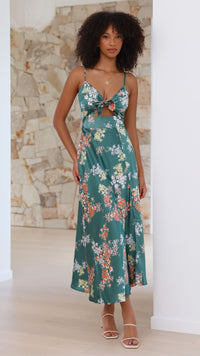 Dreamers Midi Elbise - Yeşil Çiçek Desenli