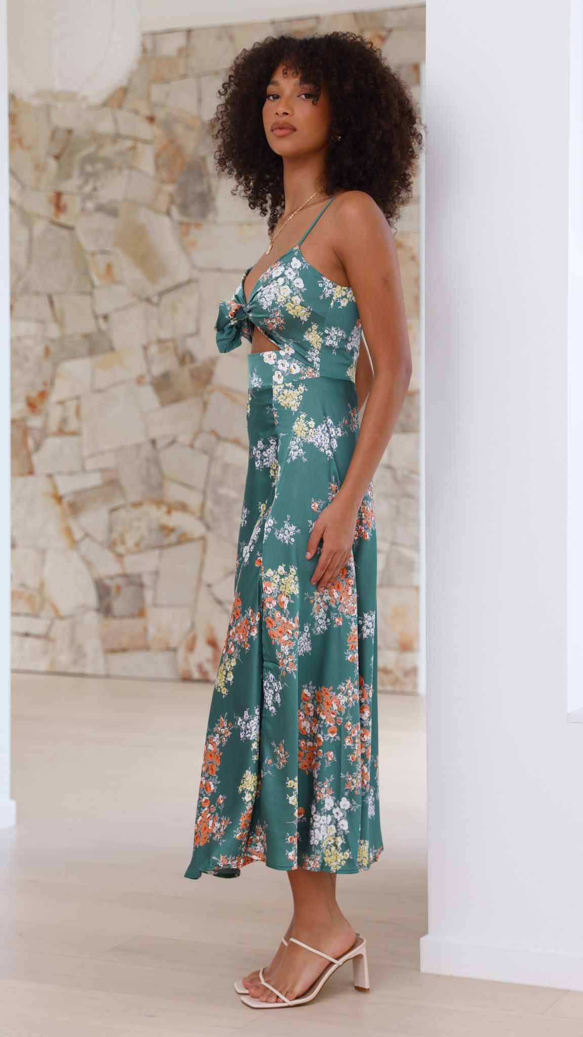 Dreamers Midi Elbise - Yeşil Çiçek Desenli