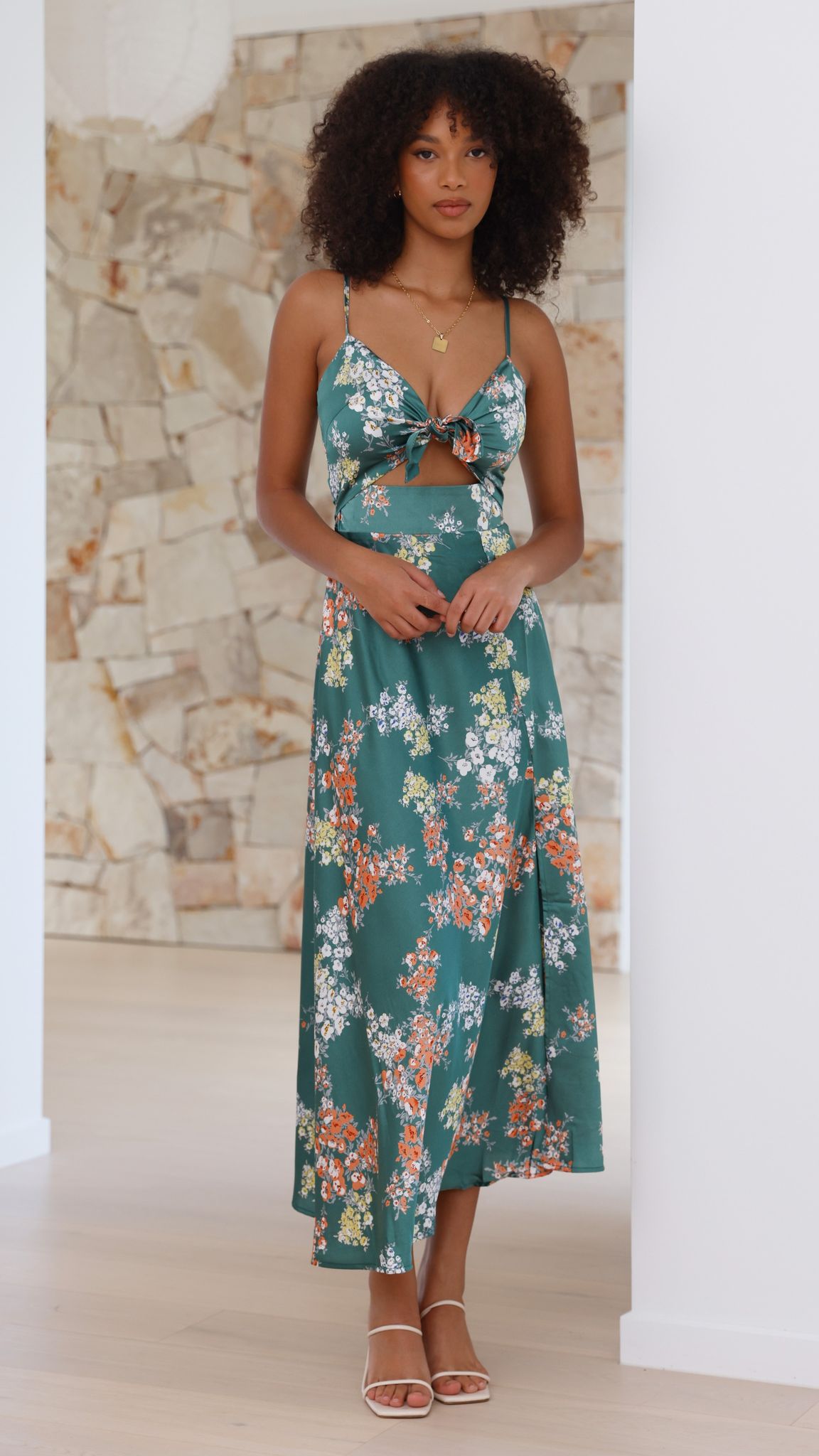 Dreamers Midi Elbise - Yeşil Çiçek Desenli