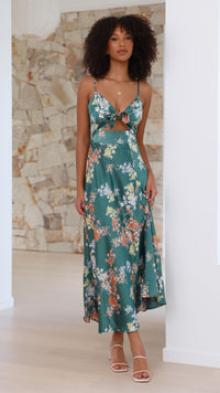Dreamers Midi Elbise - Yeşil Çiçek Desenli