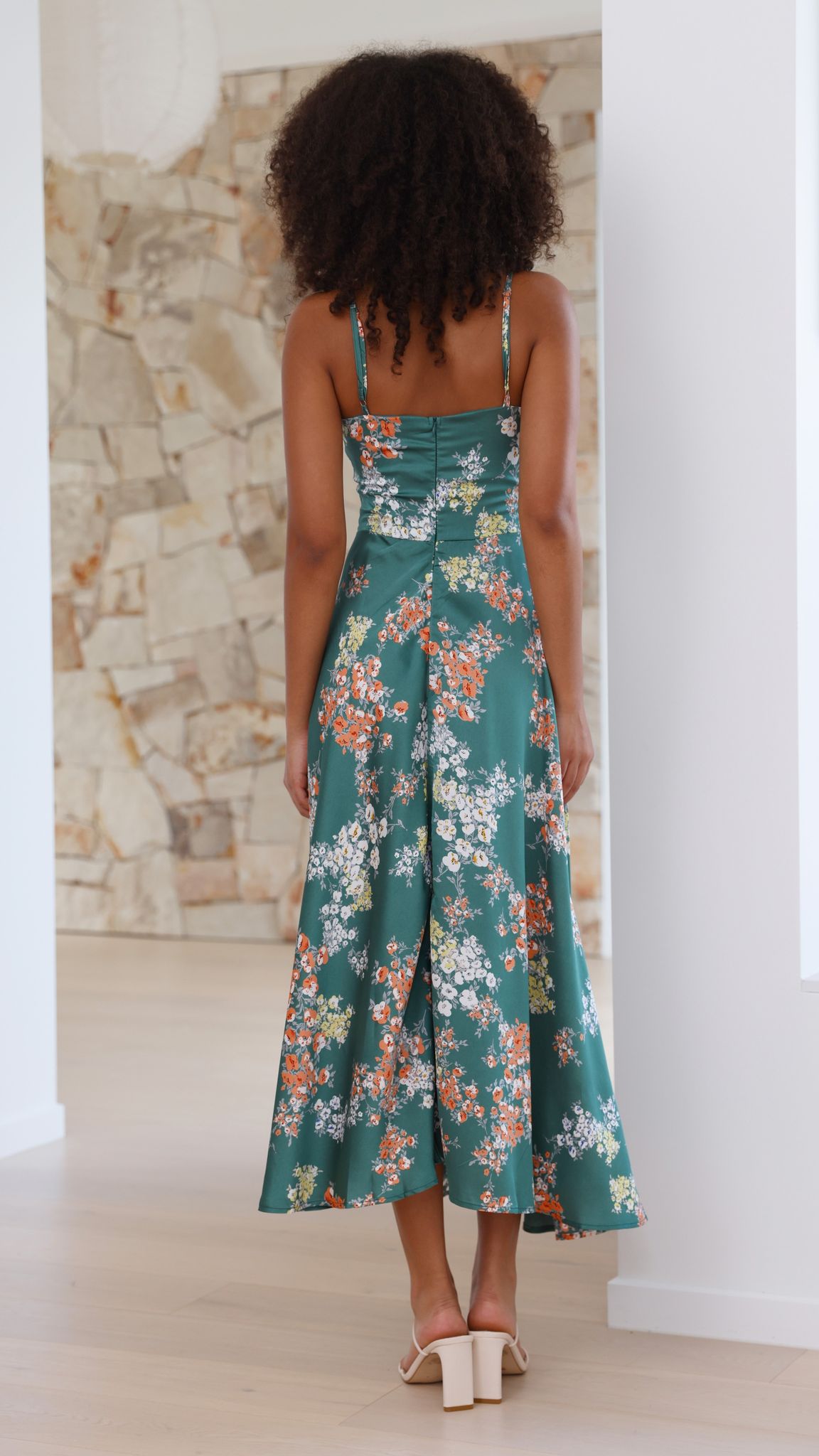 Dreamers Midi Elbise - Yeşil Çiçek Desenli