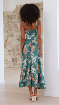 Dreamers Midi Elbise - Yeşil Çiçek Desenli