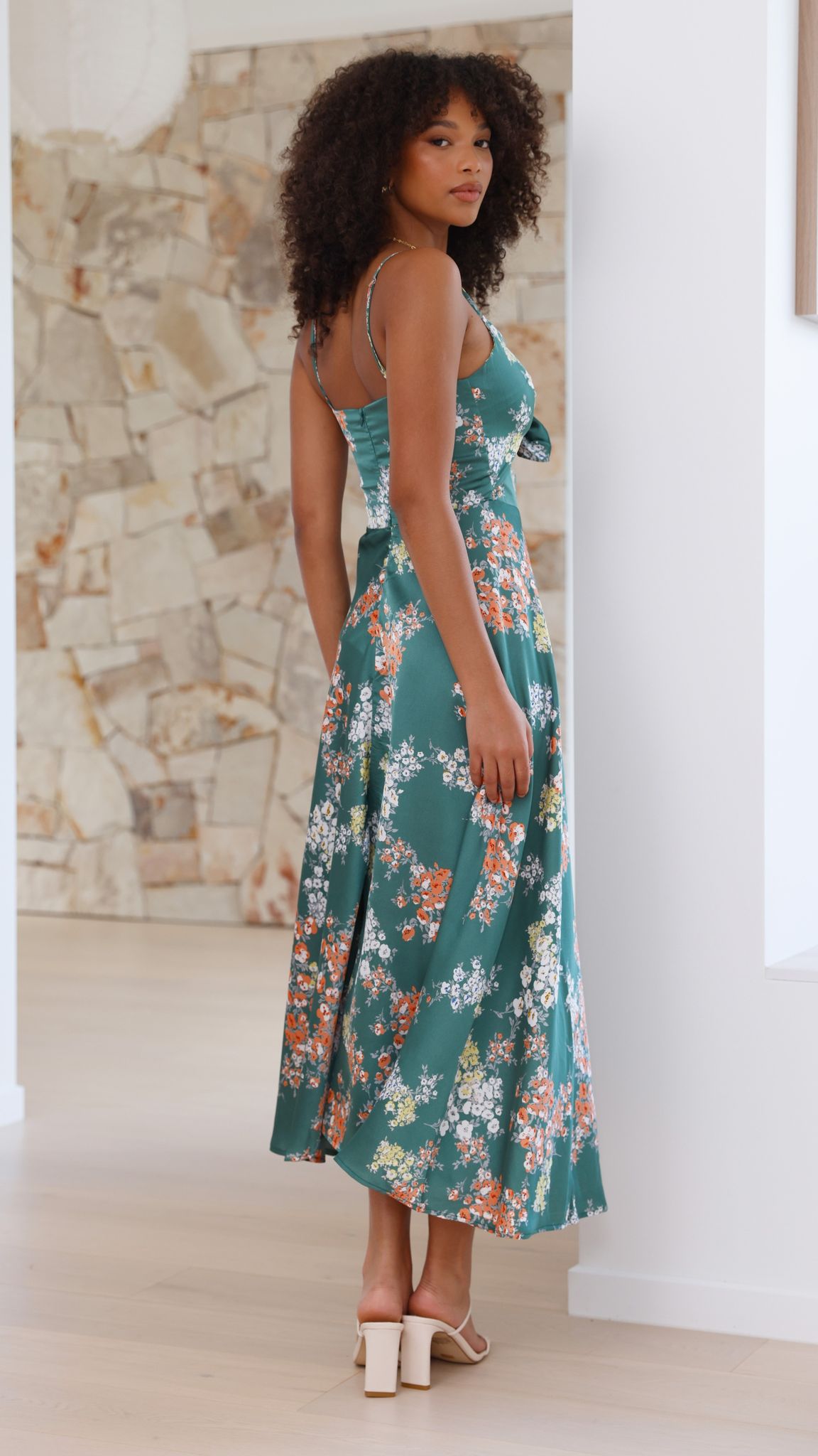 Dreamers Midi Elbise - Yeşil Çiçek Desenli