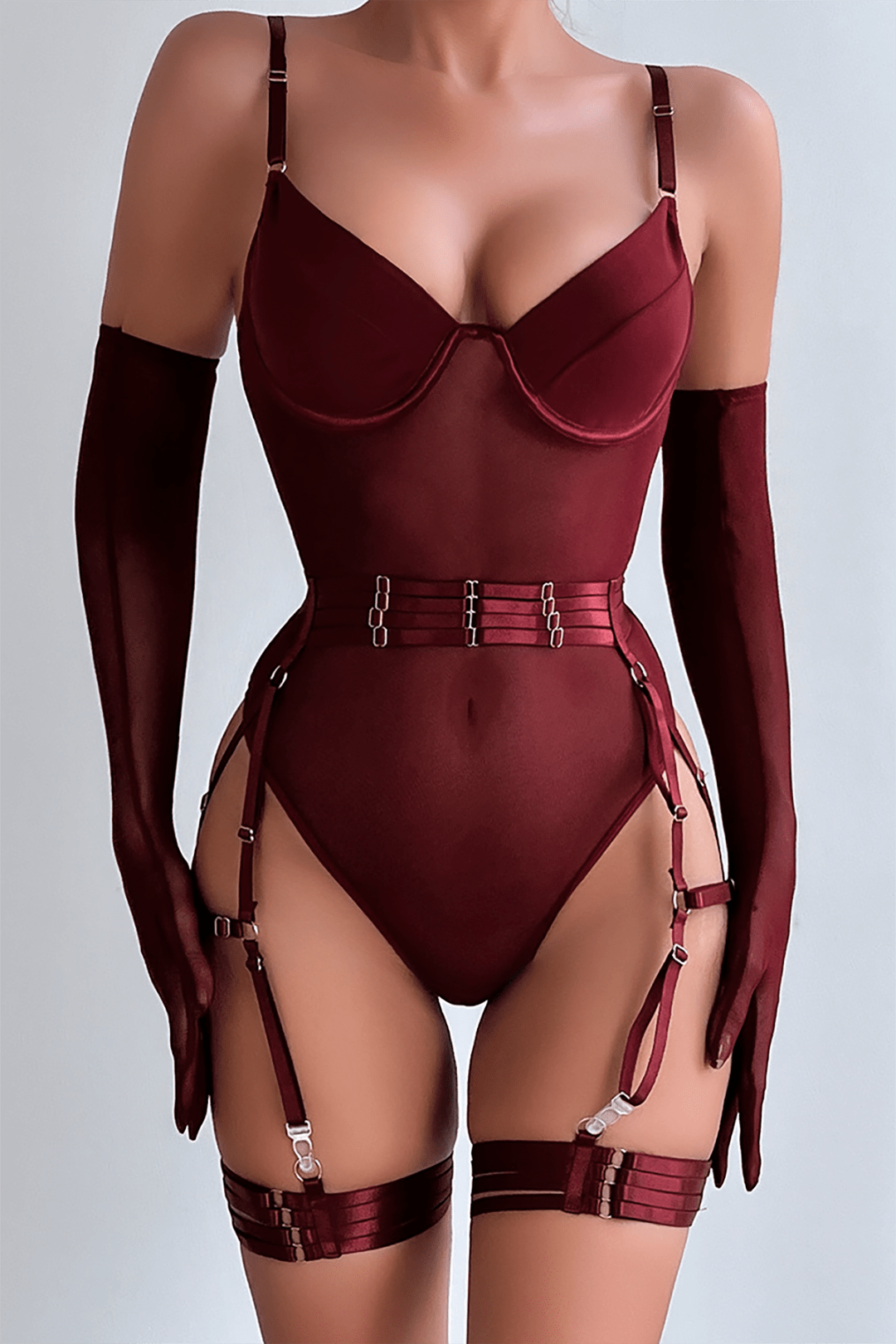Şeffaf Tül Kemerli Sırt Dekolteli Bodysuit Eldivenli - Phentora