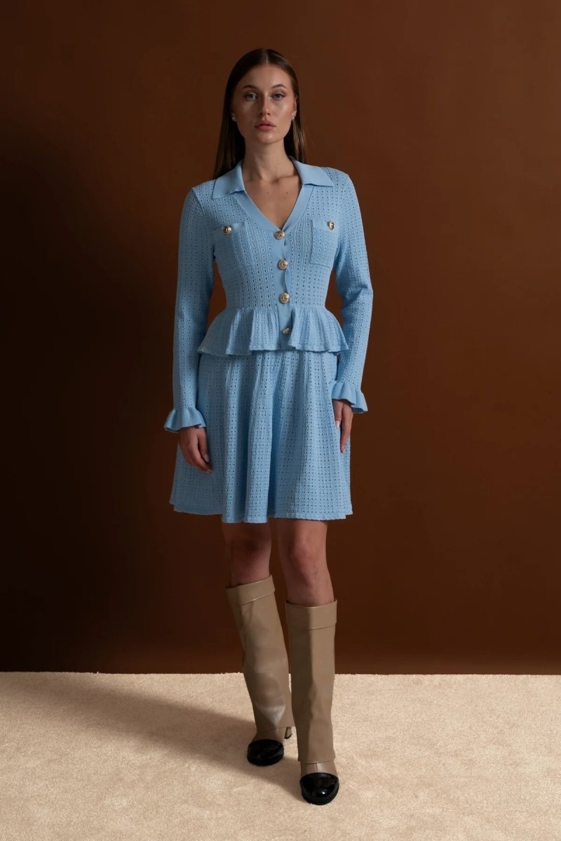 Peplum Bel Detaylı ve Altın Düğmeli Örgü Mini Elbise - Phentora