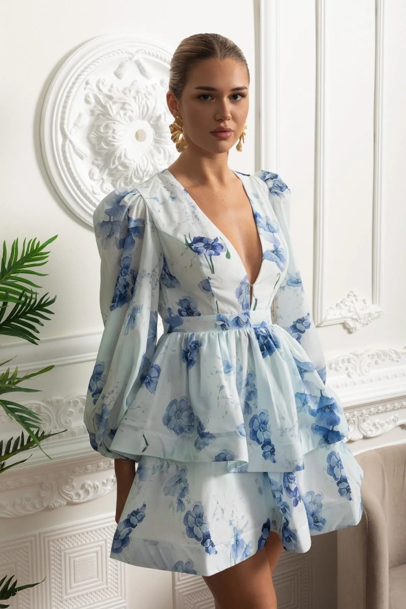 Romantic Mini Elbise ve Peplum Detaylı - Beyaz - Mavi - Phentora