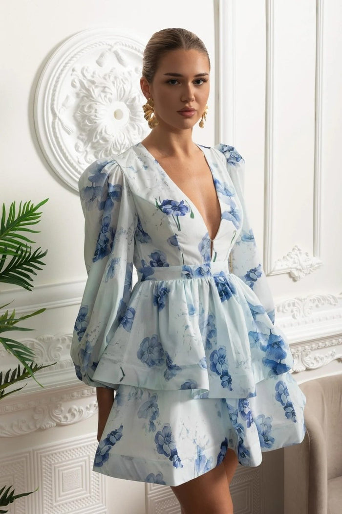 Romantic Mini Elbise ve Peplum Detaylı - Beyaz - Mavi - Phentora