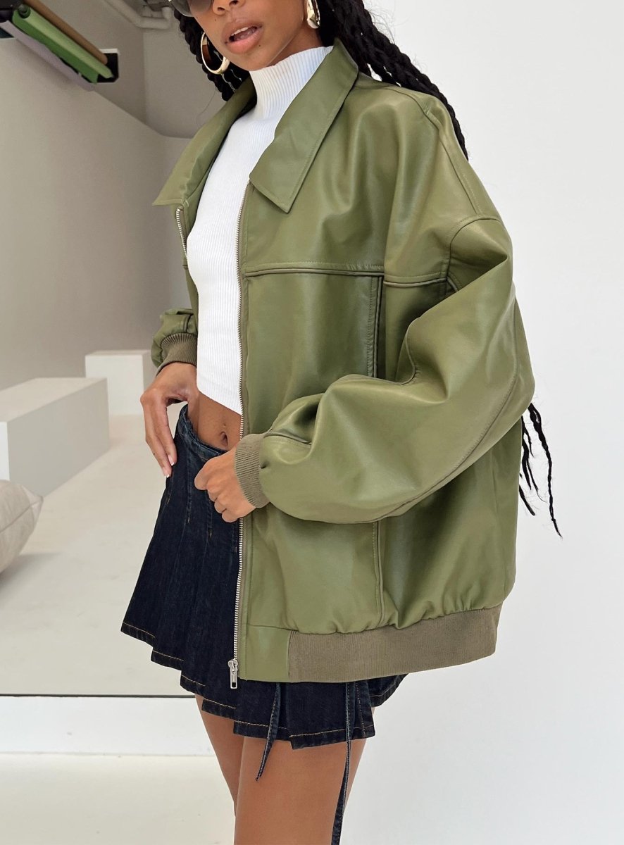 Goldsmith Suni Deri Bomber Ceket - Yeşil - Phentora