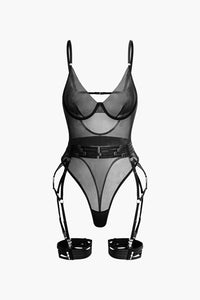 Şeffaf Tül Kemerli Sırt Dekolteli Bodysuit Eldivenli - Phentora