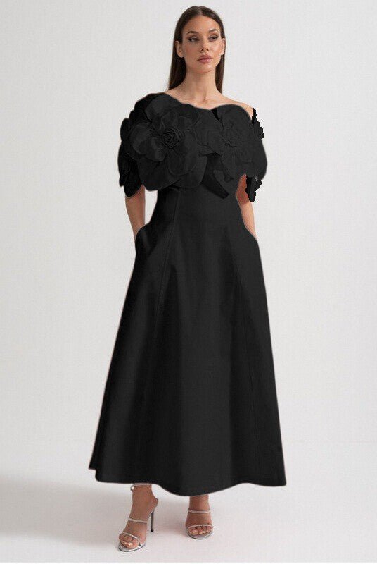 Midi Elbise Large Fabric Çiçek Desenli Detaylı - Siyah - Phentora