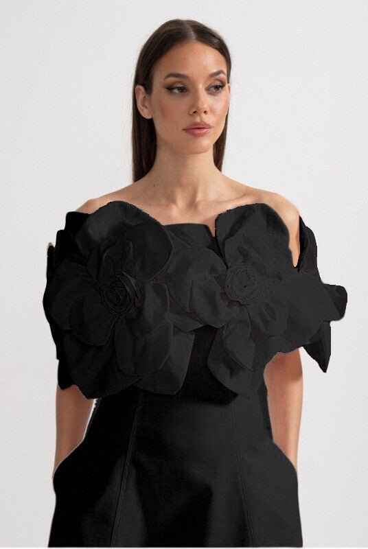 Midi Elbise Large Fabric Çiçek Desenli Detaylı - Siyah - Phentora