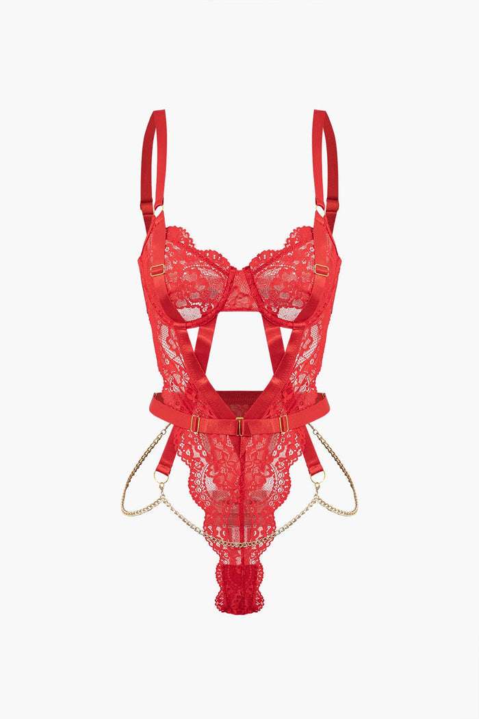 Metalik Zincir Detaylı Dekolteli Büstiyer Bodysuit - Phentora
