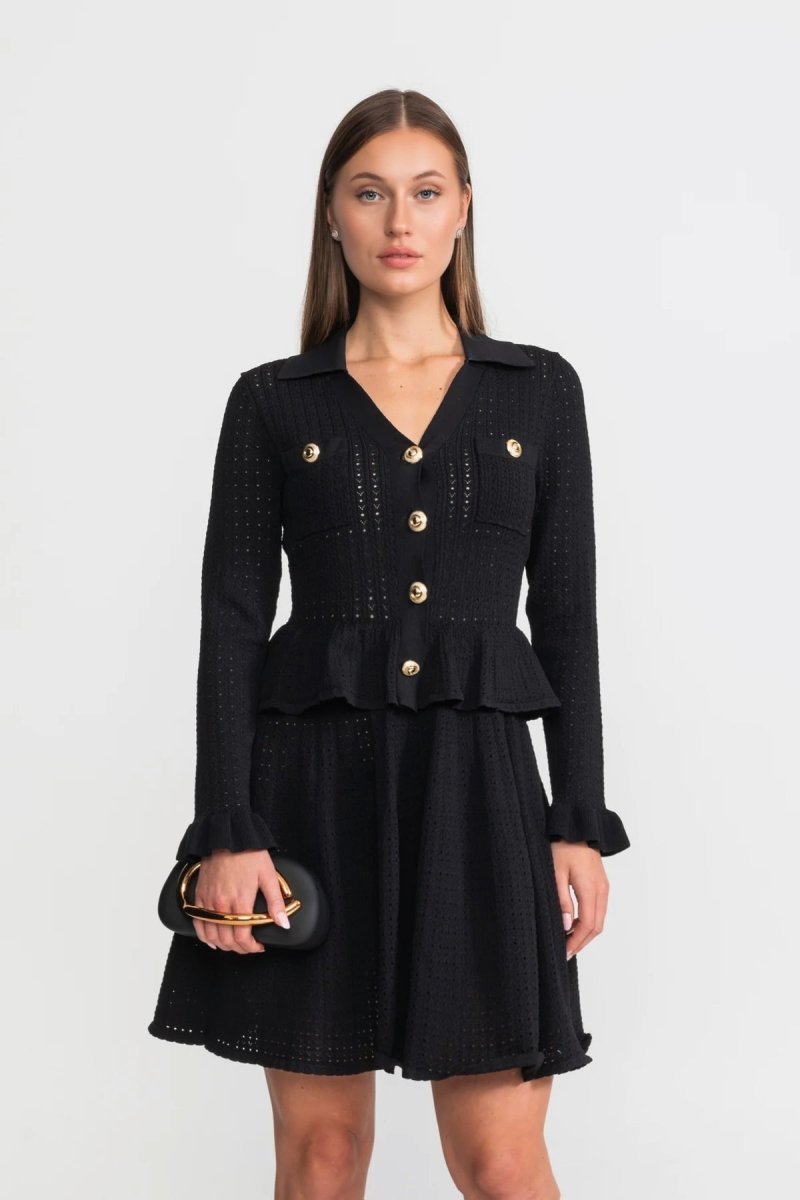 Peplum Bel Detaylı ve Altın Düğmeli Örgü Mini Elbise - Phentora