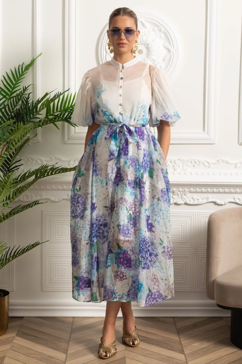 Silk Midi Gömlek Elbise Botanik Desenli ve Bağlama Kemer - Beyaz - Mavi - Phentora