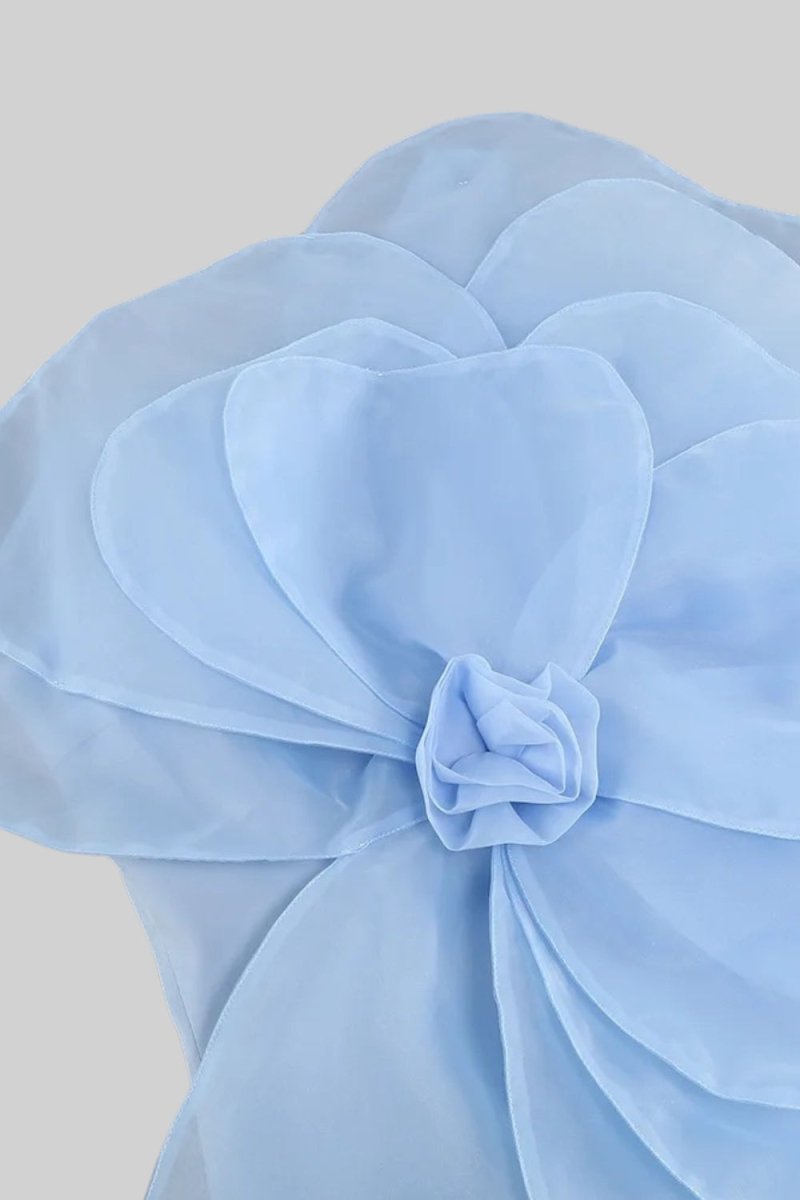 3D Hacimli Organze Çiçek Desenli Mini Elbise - Phentora