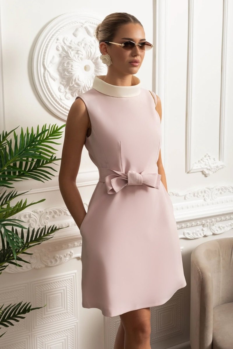 Yaka Bow - Bel Kolsuz Mini Elbise - Pembe - Phentora