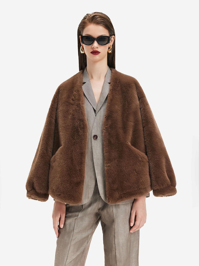 Kahverengi Oversize Peluş Ceket - Phentora