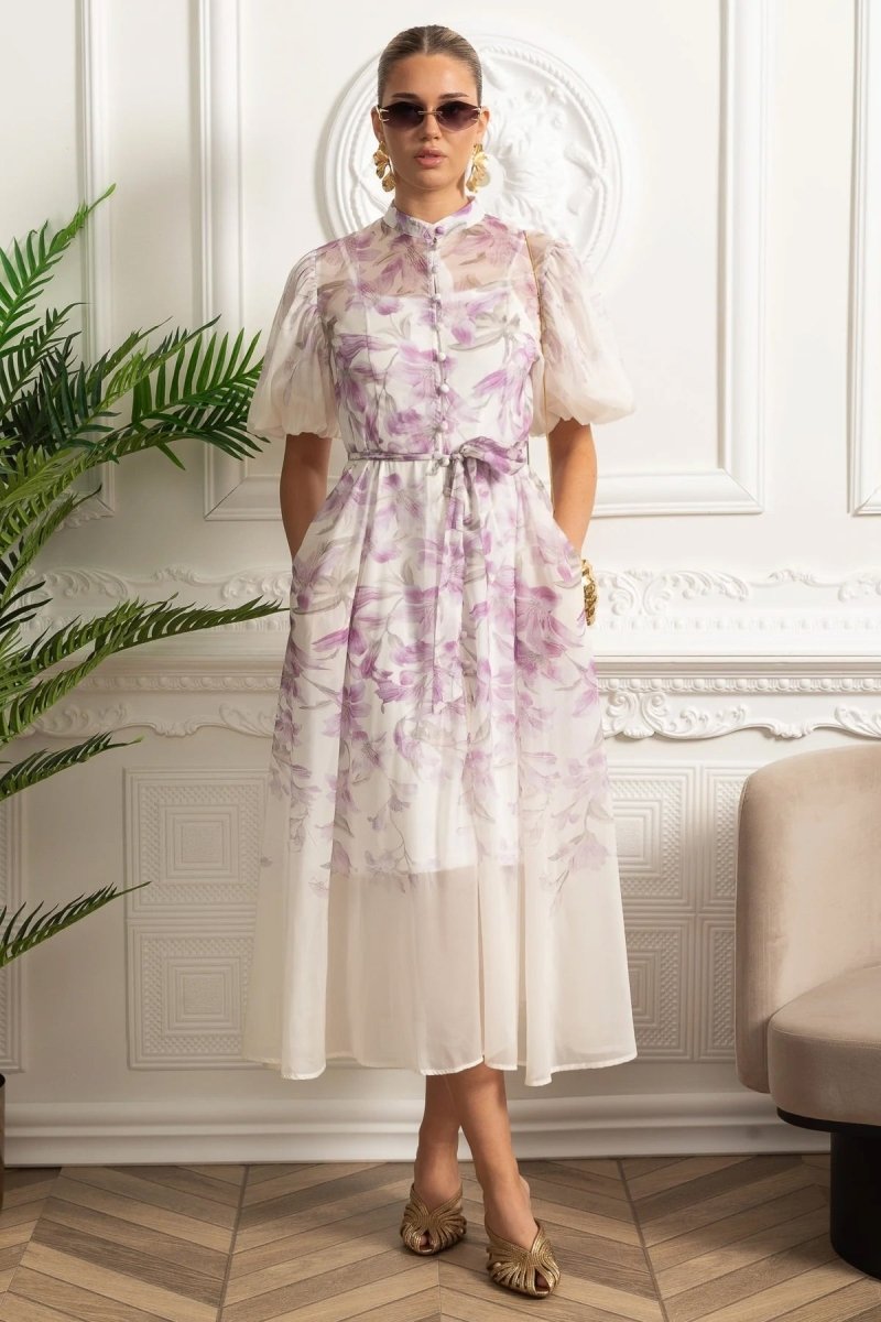 Silk Midi Gömlek Elbise Botanik Desenli ve Bağlama Kemer - Beyaz - Mor - Phentora