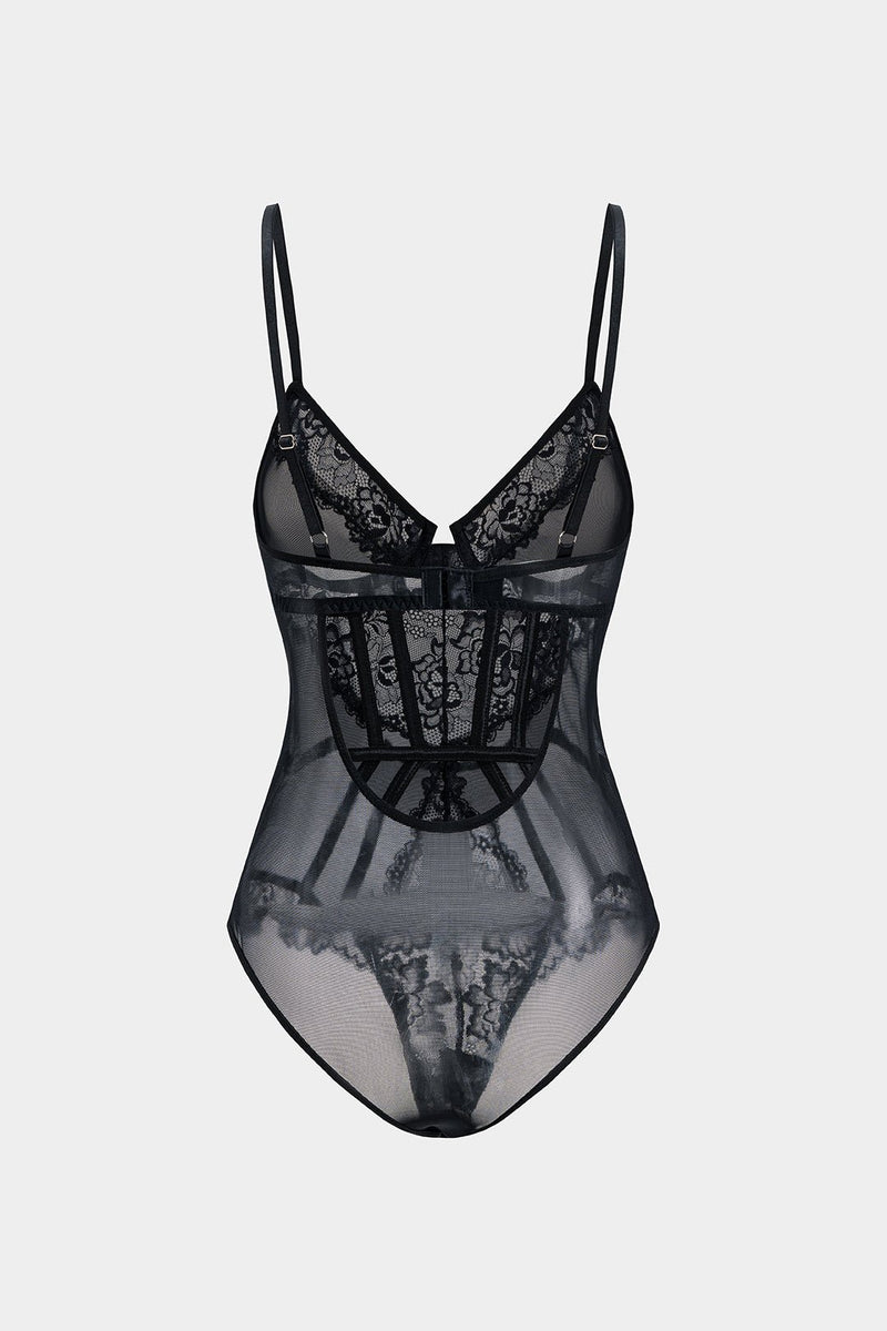 Tül ve Dantelli Büstiyer Korse Bodysuit - Phentora