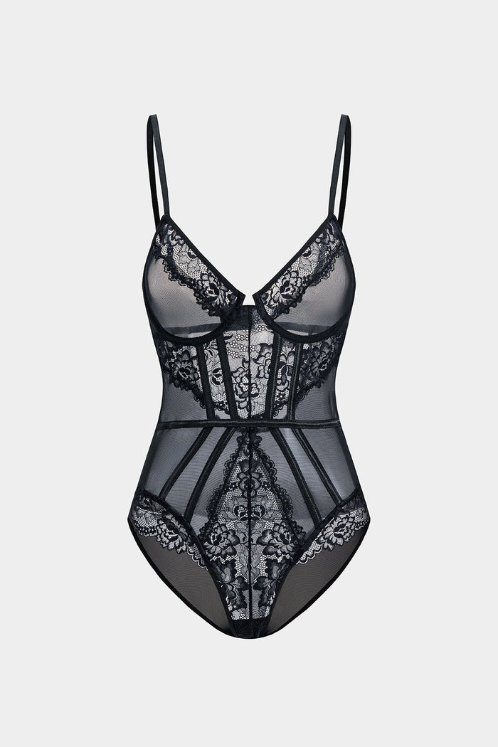 Tül ve Dantelli Büstiyer Korse Bodysuit - Phentora