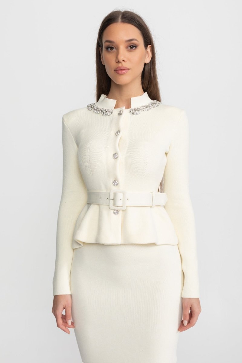 Peplum Bel Detaylı ve Kristal Yakalı Midi Elbise - Phentora