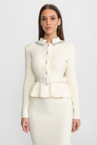 Peplum Bel Detaylı ve Kristal Yakalı Midi Elbise - Phentora