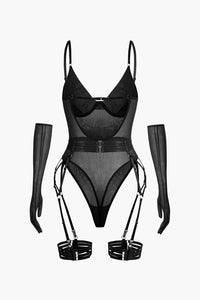 Şeffaf Tül Kemerli Sırt Dekolteli Bodysuit Eldivenli - Phentora