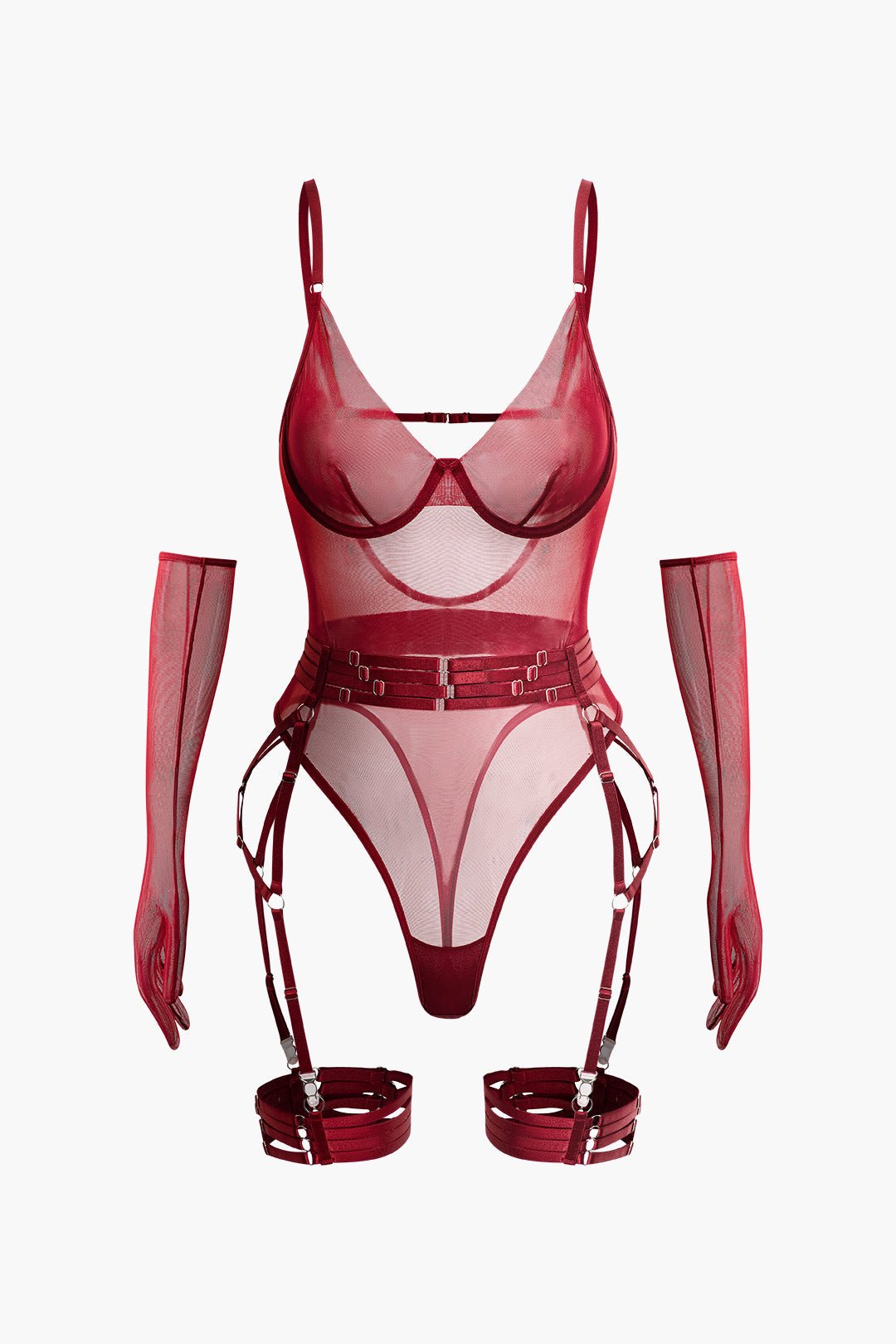 Şeffaf Tül Kemerli Sırt Dekolteli Bodysuit Eldivenli - Phentora