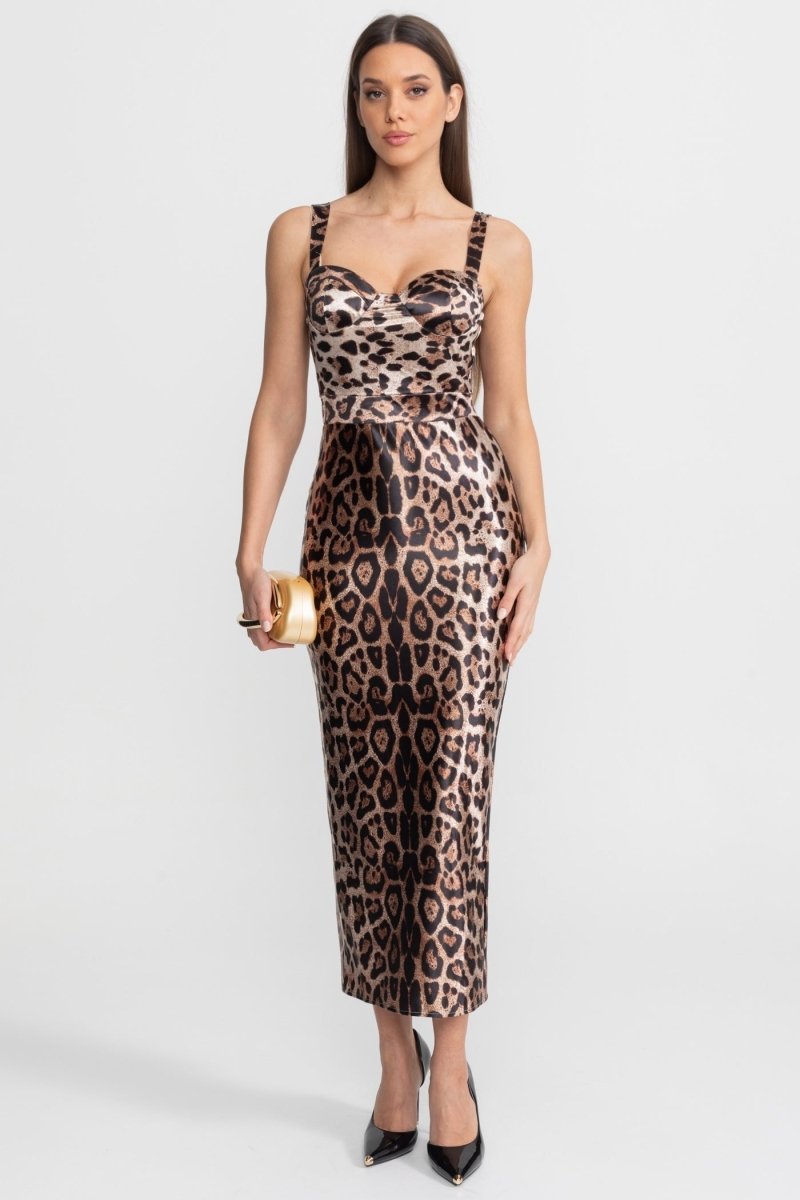 Leopar Desenli Saten Midi Elbise - Phentora