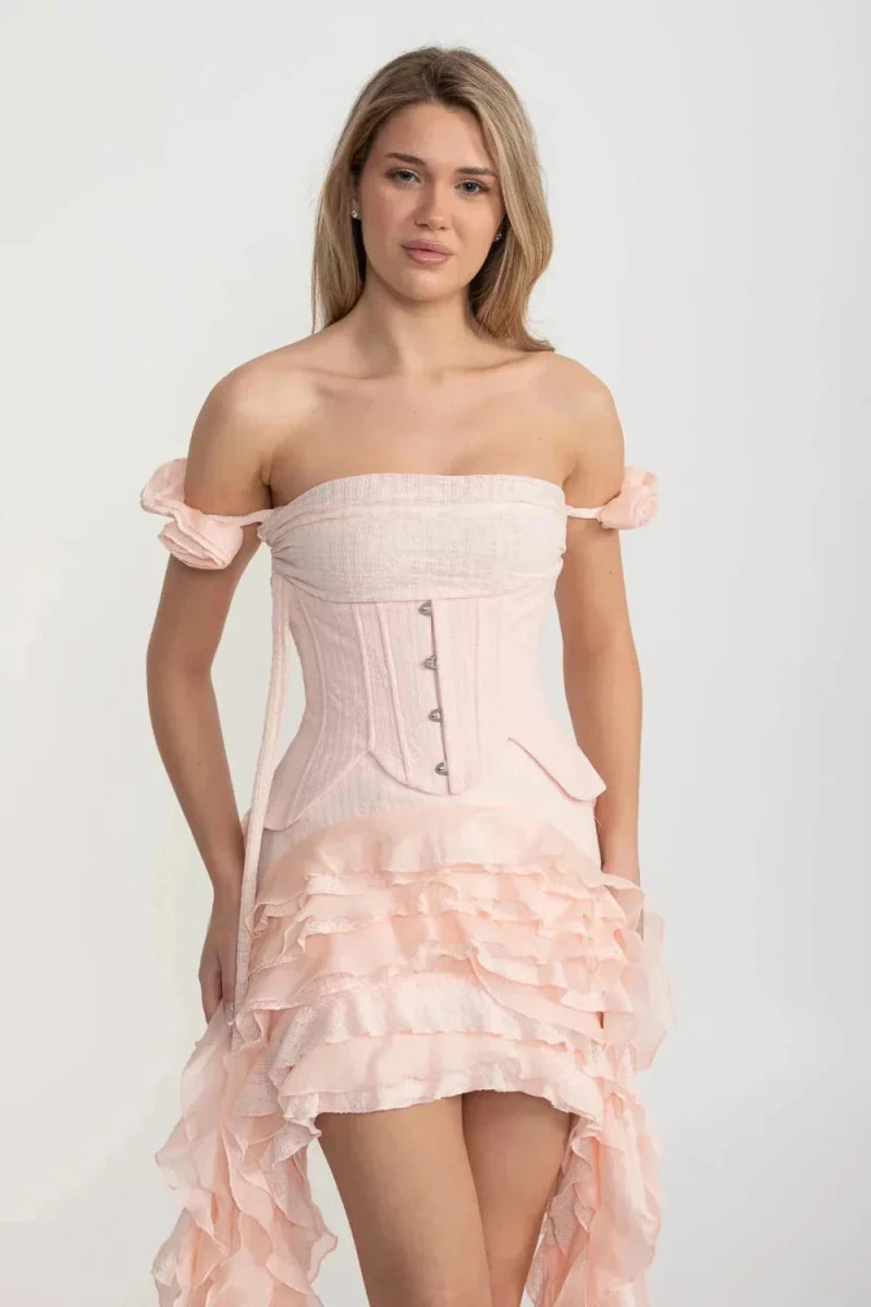 Pembe Vintage Esintili Korsaj Elbise Büzgülü Büstiyer ve Akışkan Fırfır Yan Detaylar - Phentora