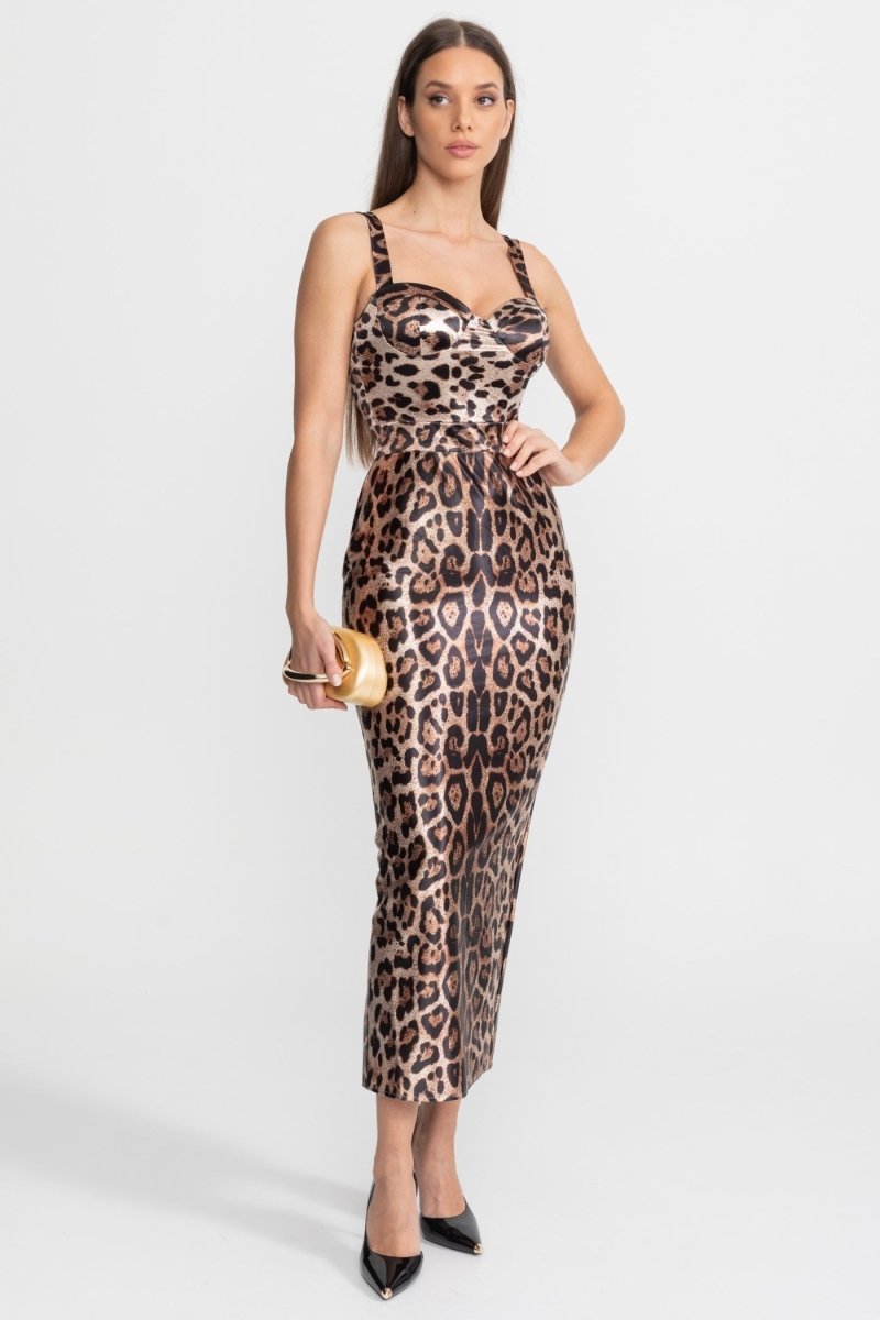 Leopar Desenli Saten Midi Elbise - Phentora