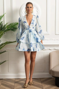 Romantic Mini Elbise ve Peplum Detaylı - Beyaz - Mavi - Phentora