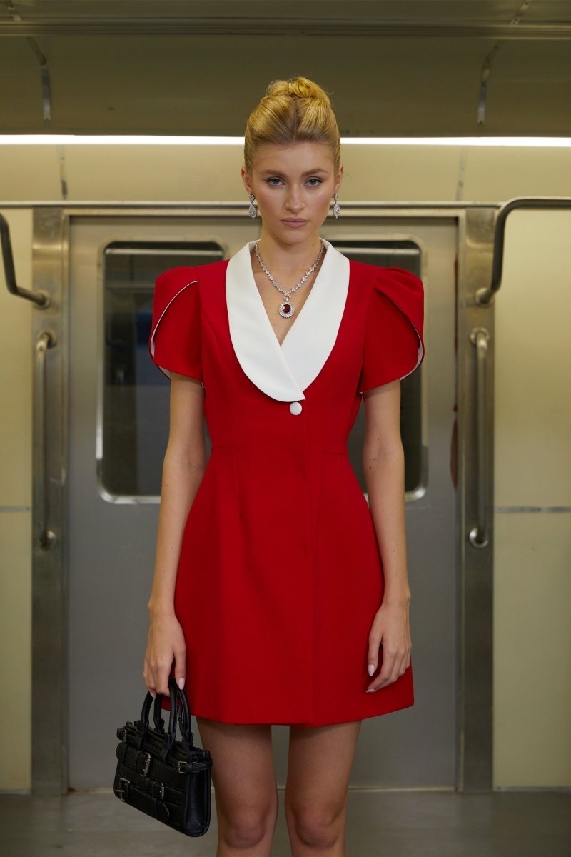 Kırmızı Şal Yakalı Mini Elbise - Phentora