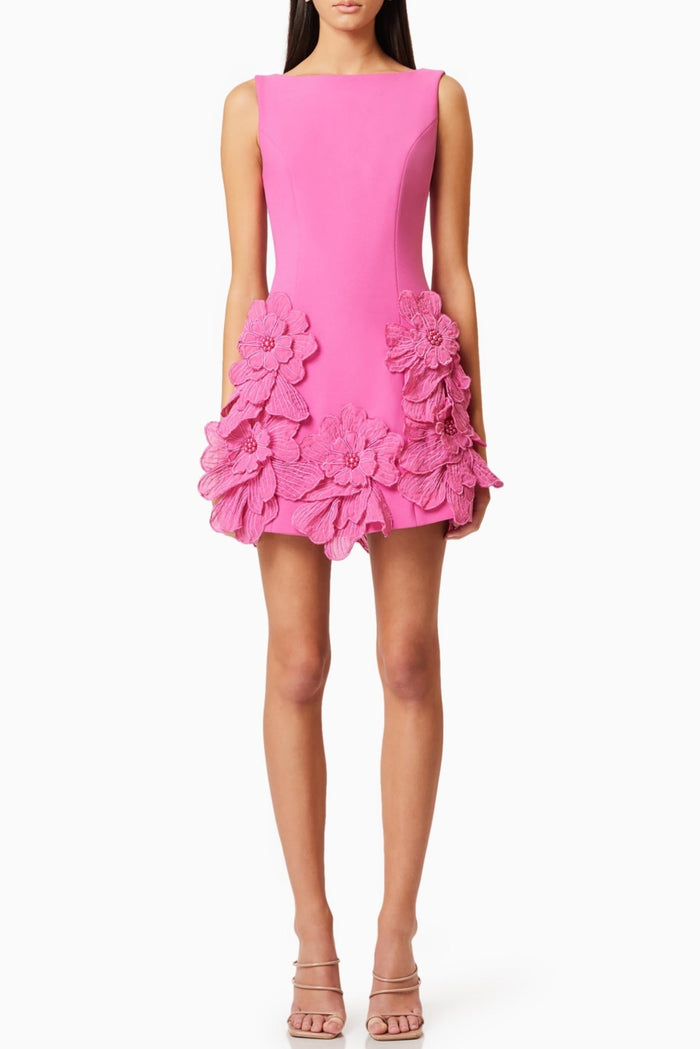 Adalgisa Çiçek Desenli Appliqué Mini Elbise - Pembe - Phentora
