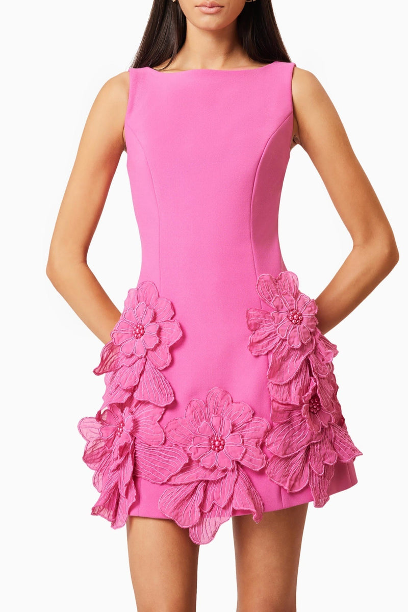 Adalgisa Çiçek Desenli Appliqué Mini Elbise - Pembe - Phentora