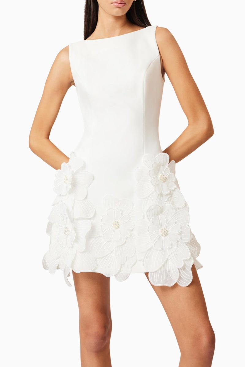 Adalgisa Çiçek Desenli Appliqué Mini Elbise - Beyaz - Phentora