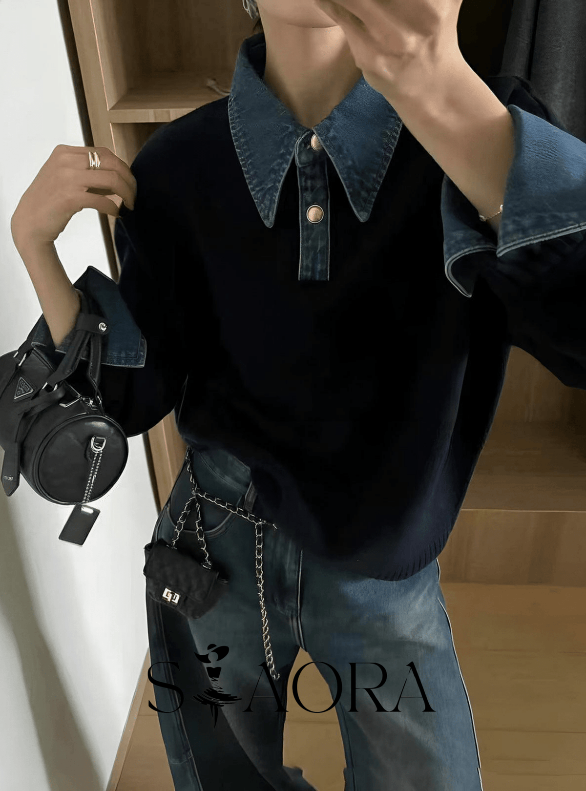 Denim Detaylı Triko Kazak - Phentora