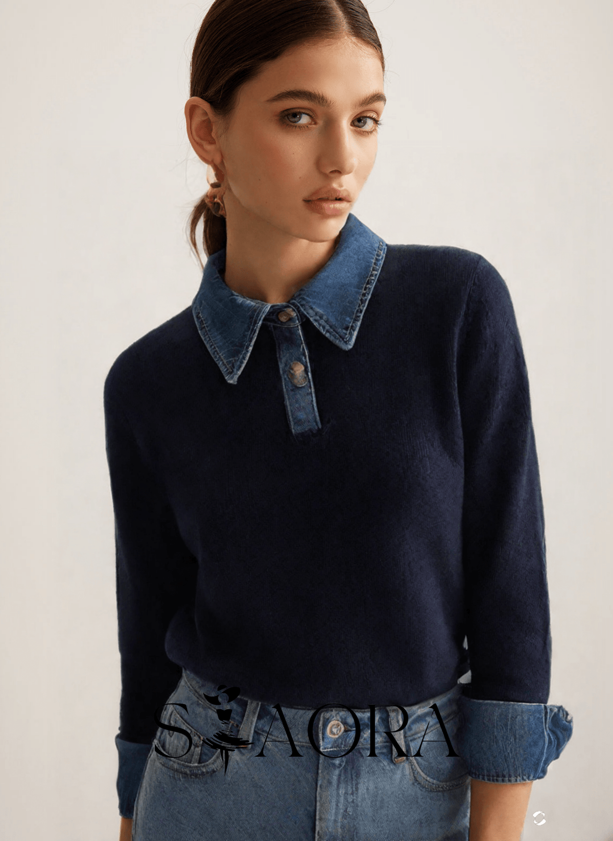 Denim Detaylı Triko Kazak - Phentora