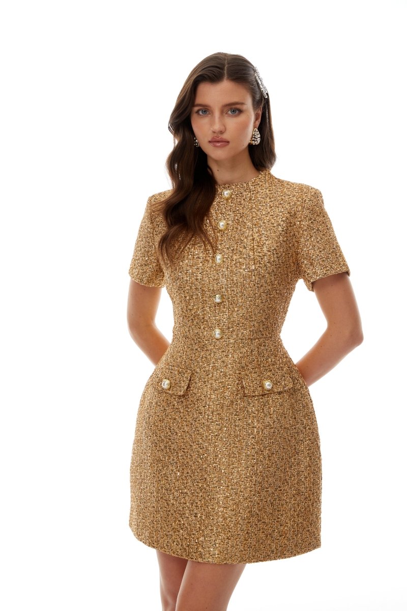 Altın Tonlu Yuvarlak Yaka Tüvit Mini Elbise - Phentora