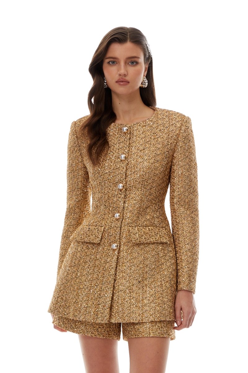 Altın Tonlu Tüvit Mini Blazer Elbise ve Şort Takımı - Phentora