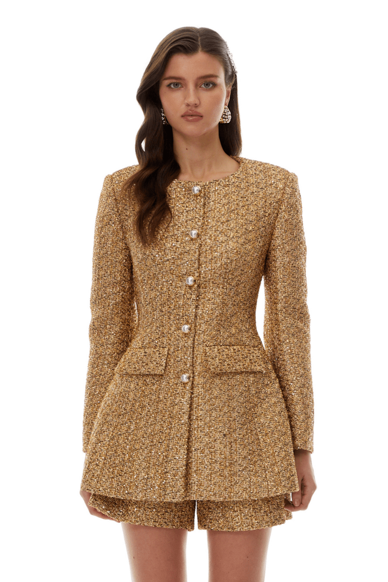 Altın Tonlu Tüvit Mini Blazer Elbise ve Şort Takımı - Phentora