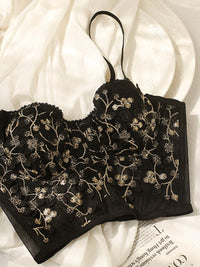 Çiçek Desenli Semi - Sheer Tül Dantel Crop Korse Üst - Phentora