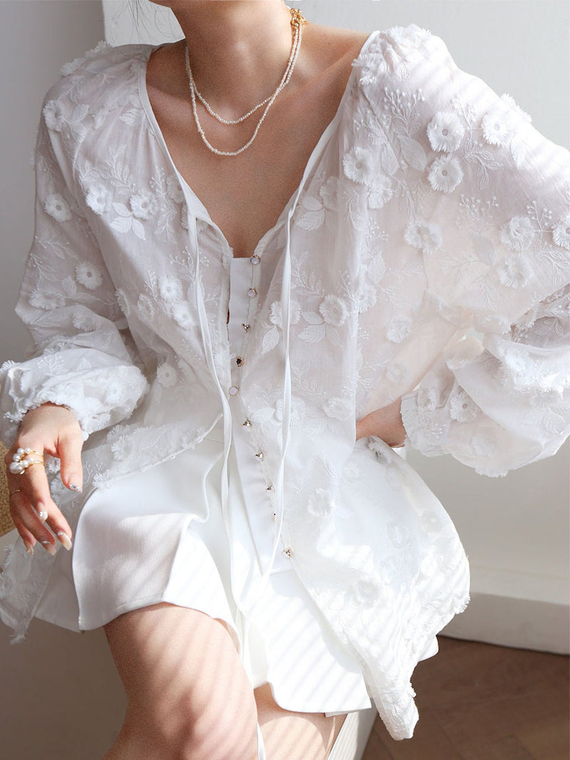 Oversize Semi - Sheer Embroidered Çiçek Desenli Bluz - Phentora