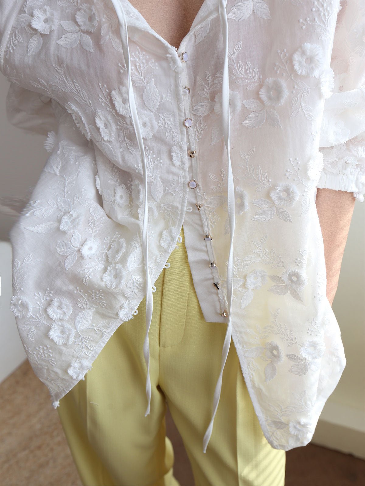 Oversize Semi - Sheer Embroidered Çiçek Desenli Bluz - Phentora