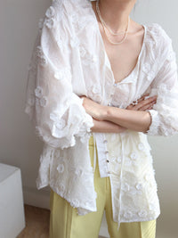 Oversize Semi - Sheer Embroidered Çiçek Desenli Bluz - Phentora