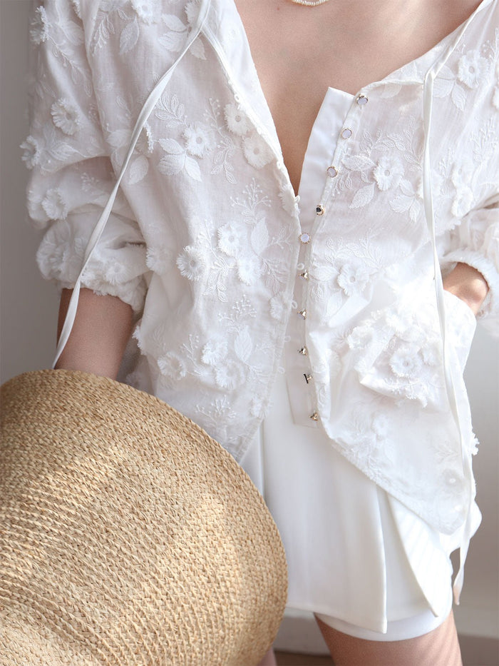 Oversize Semi - Sheer Embroidered Çiçek Desenli Bluz - Phentora
