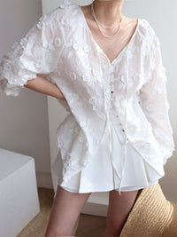 Oversize Semi - Sheer Embroidered Çiçek Desenli Bluz - Phentora