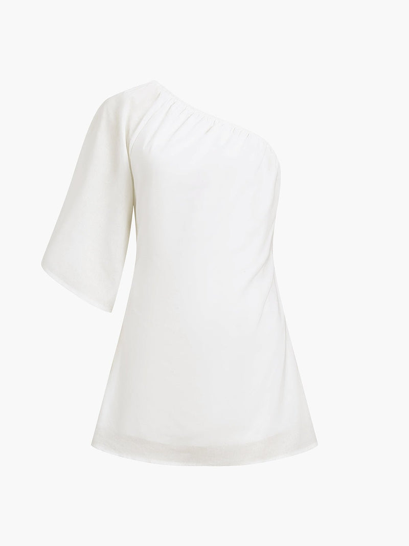 Aegean Pamuklu Keten One Sleeve Kısa Elbise - Phentora
