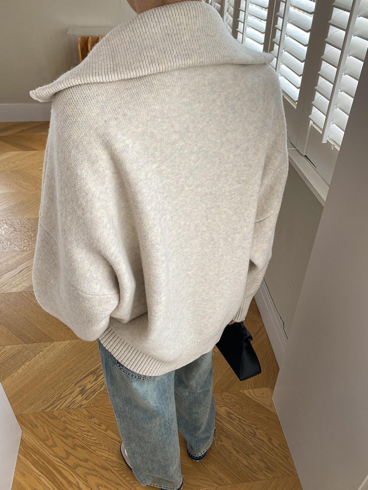 V Yaka Oversize Fermuarlı Triko Ceket - Phentora