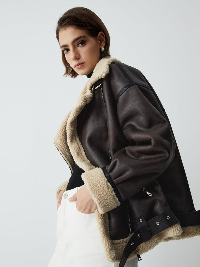 Klasik Sherpa Astarlı Shearling Deri Uçuş Ceketi - Phentora